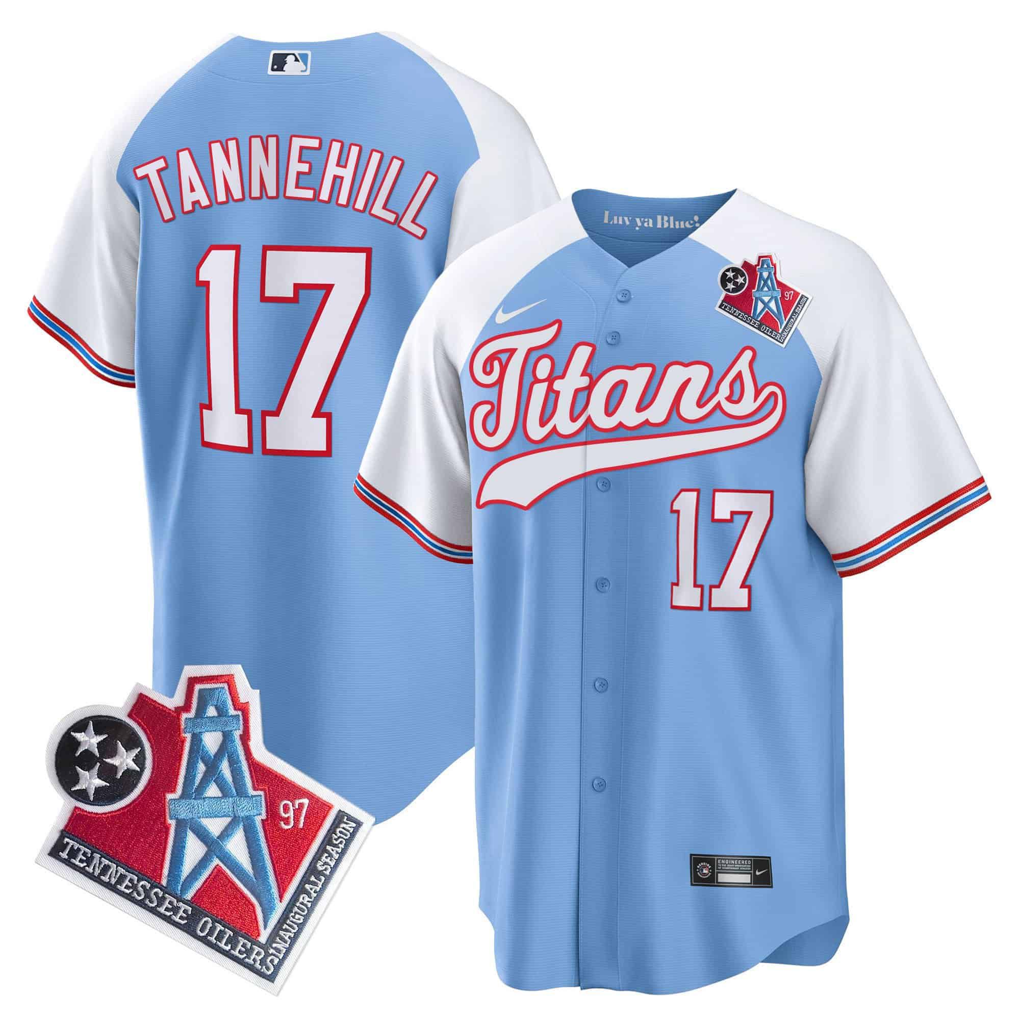 Men Tennessee Titans #17 Tannehill Light Blue Nike 1997 Throwback Limited Cool Base NFL Jersey style 1